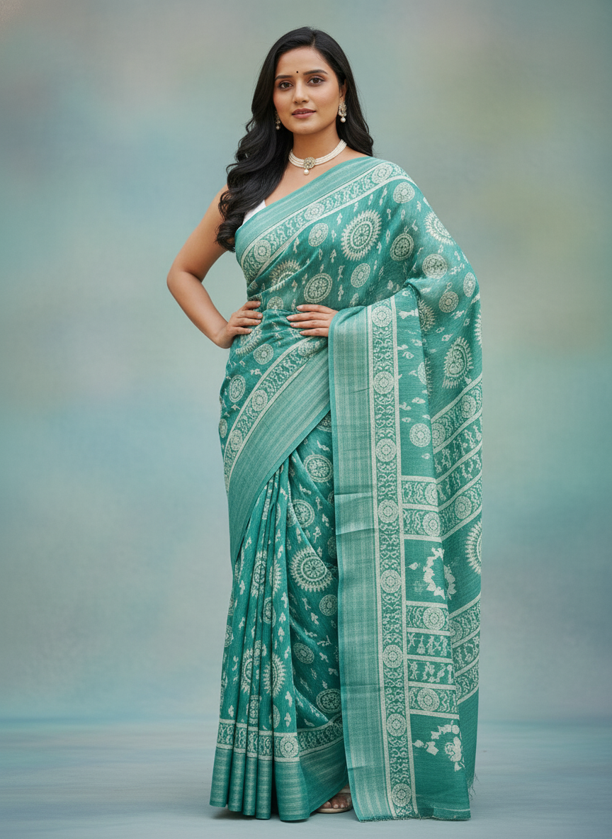 Emerald rama green Printed Soft chiffon Saree | AS-0089