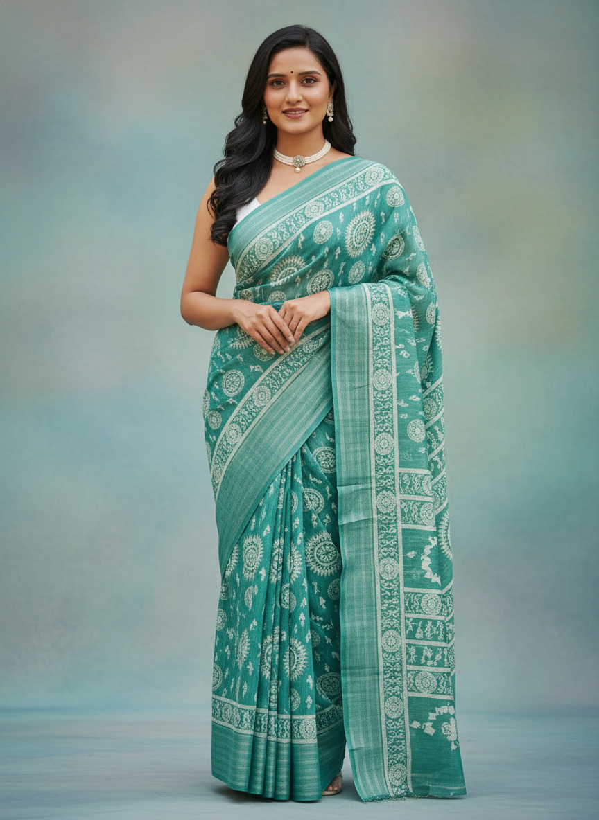 Emerald rama green Printed Soft chiffon Saree | AS-0089