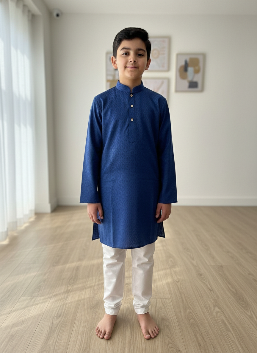 Navy print Kurta with white Pajama Set For Boys | AS-K15