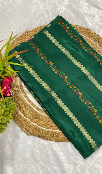 Bottle Green Premium Viscose Crepe Silk Saree with Floral Woven Border |DS4