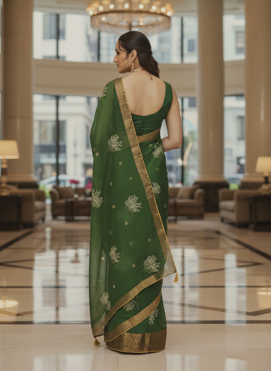 Blue  Floral Printed Chiffon Saree with Border| AS-00101