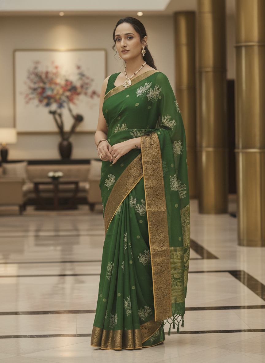 Blue  Floral Printed Chiffon Saree with Border| AS-00101