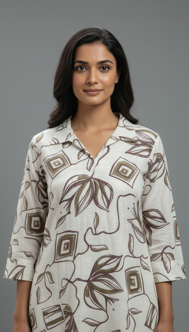 White and brown  Cotton Co-Ord Set For Women|K5_1