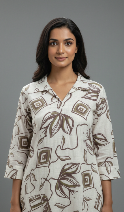 White and brown  Cotton Co-Ord Set For Women|K5_1