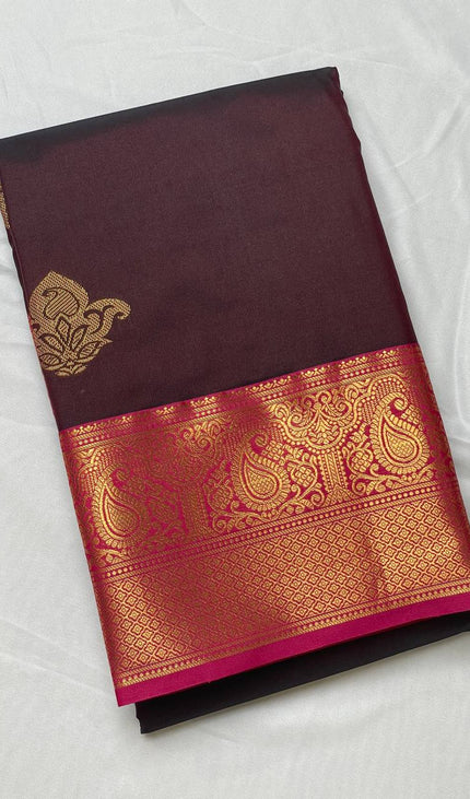 Brown Semi Kanchipuram Silk Saree with Rich Zari Border|S1