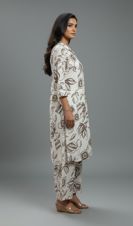 White and brown  Cotton Co-Ord Set For Women|K5_1