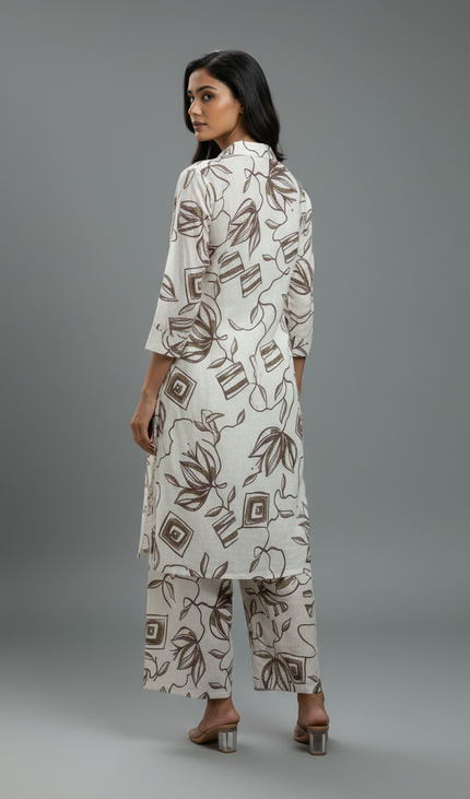 White and brown  Cotton Co-Ord Set For Women|K5_1