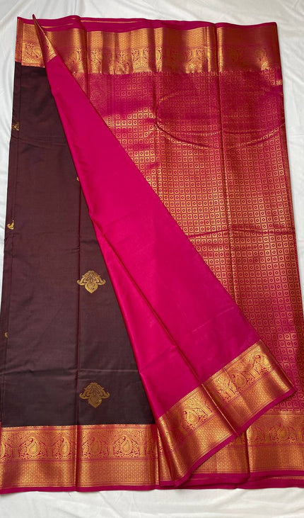 Brown Semi Kanchipuram Silk Saree with Rich Zari Border|S1