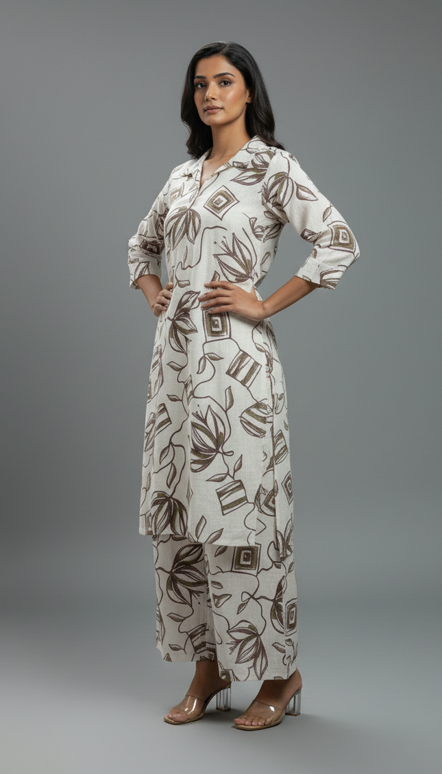 White and brown  Cotton Co-Ord Set For Women|K5_1