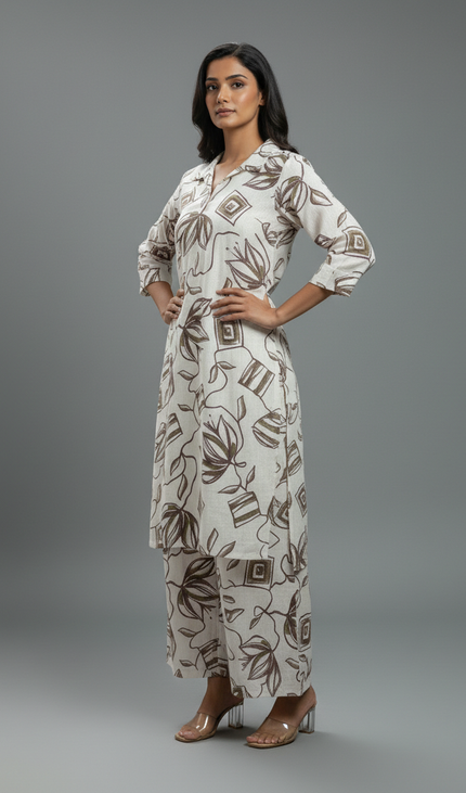 White and brown  Cotton Co-Ord Set For Women|K5_1