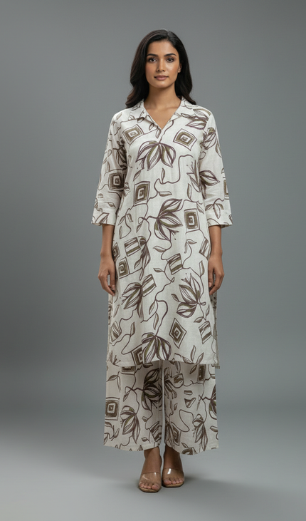 White and brown  Cotton Co-Ord Set For Women|K5_1