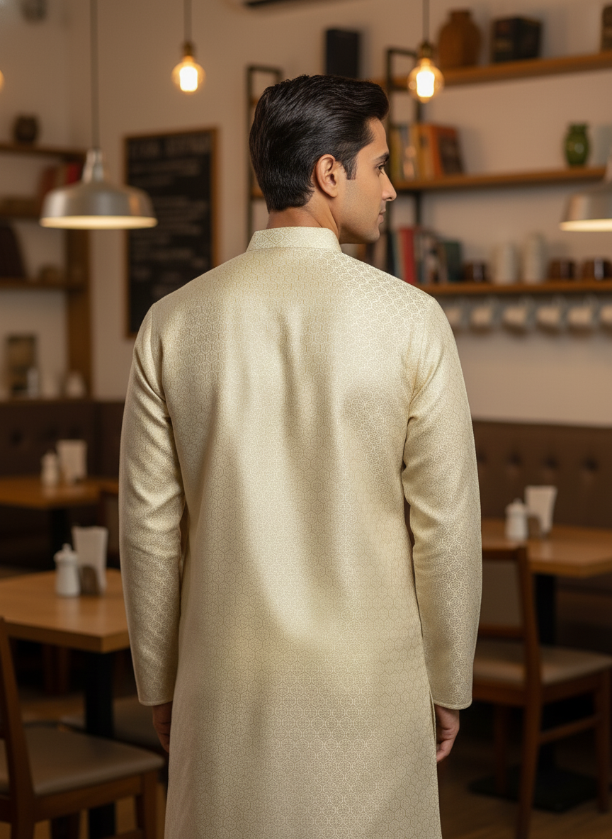 Golden Beige Floral Jaal Patterned Kurta Set| AS-M04