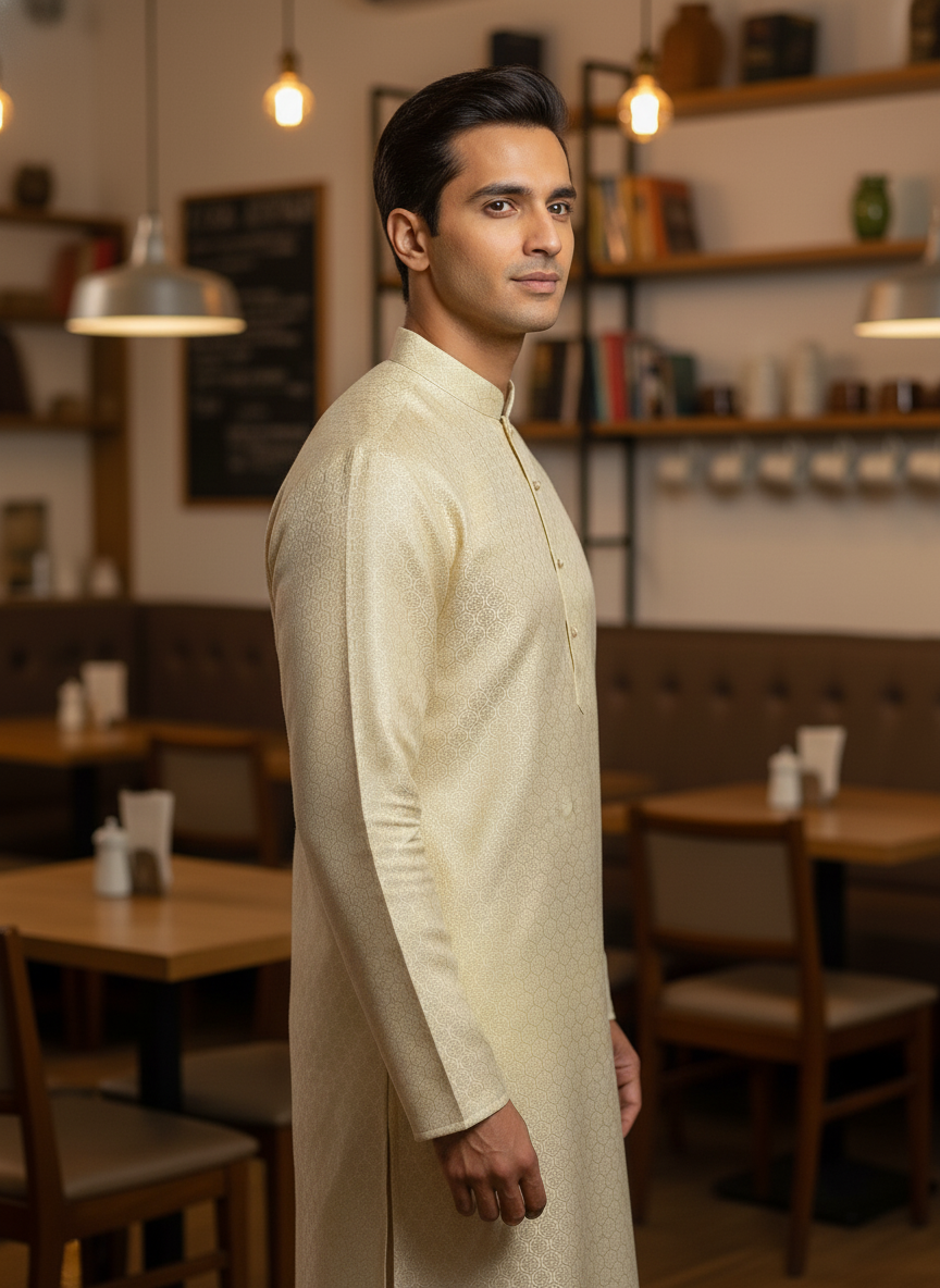 Golden Beige Floral Jaal Patterned Kurta Set| AS-M04