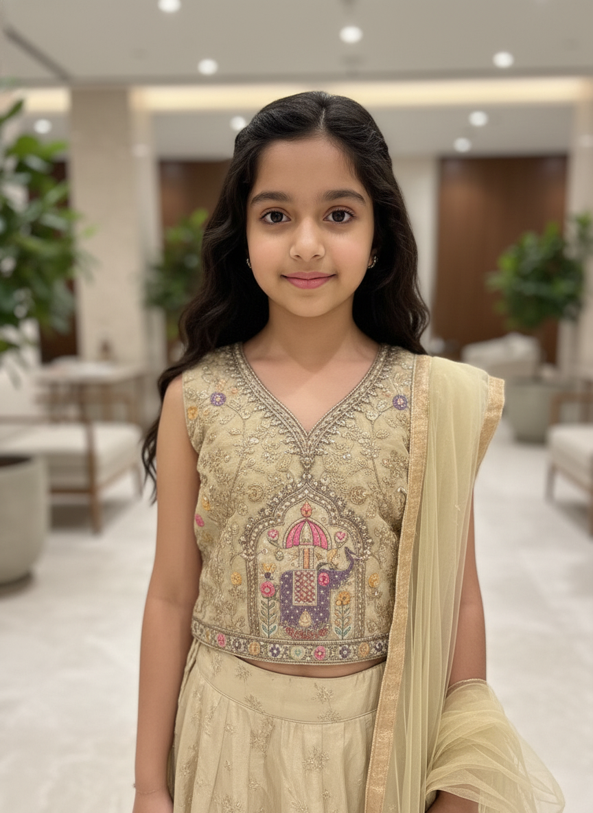 Cream Floral Embroidered Lehenga Choli Set for girls|AS-K9