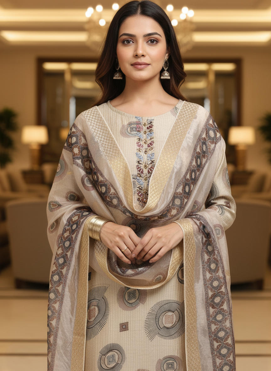 Beige Printed  Kurti Set For Women|  AS-00193