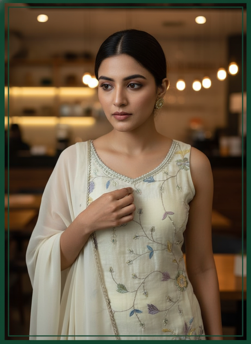 Cream  silk Palazzo Set With Dupatta| AS-00253