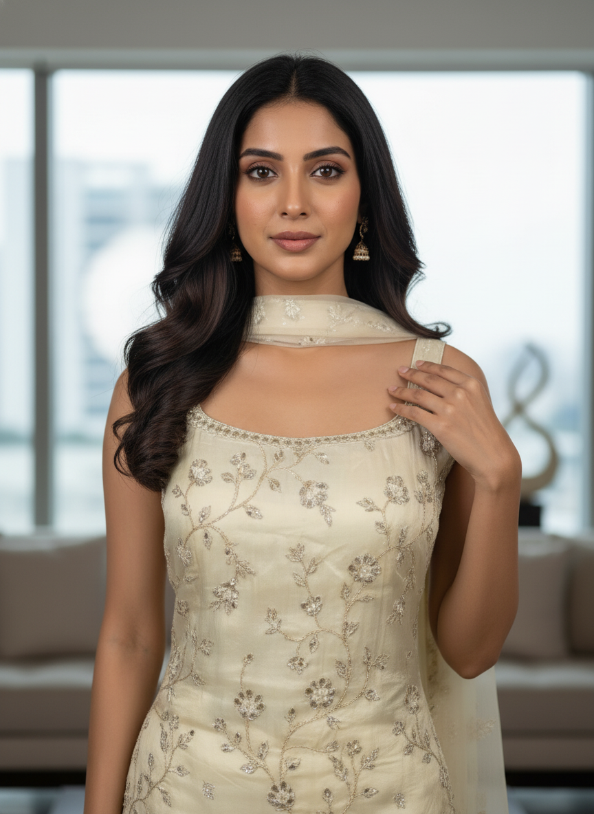 Cream  silk Palazzo Set With Dupatta| AS-00260