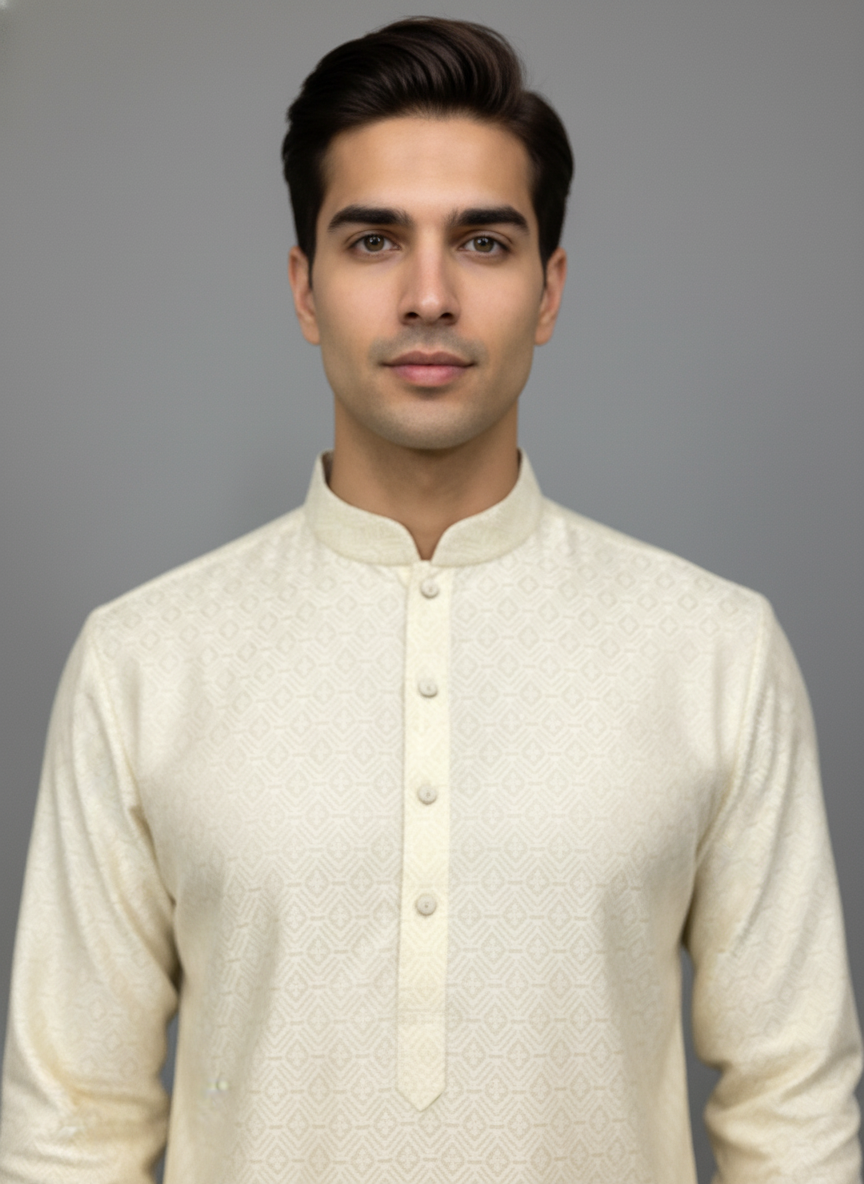 Golden Beige Floral Jaal Patterned Kurta Set| AS-M04