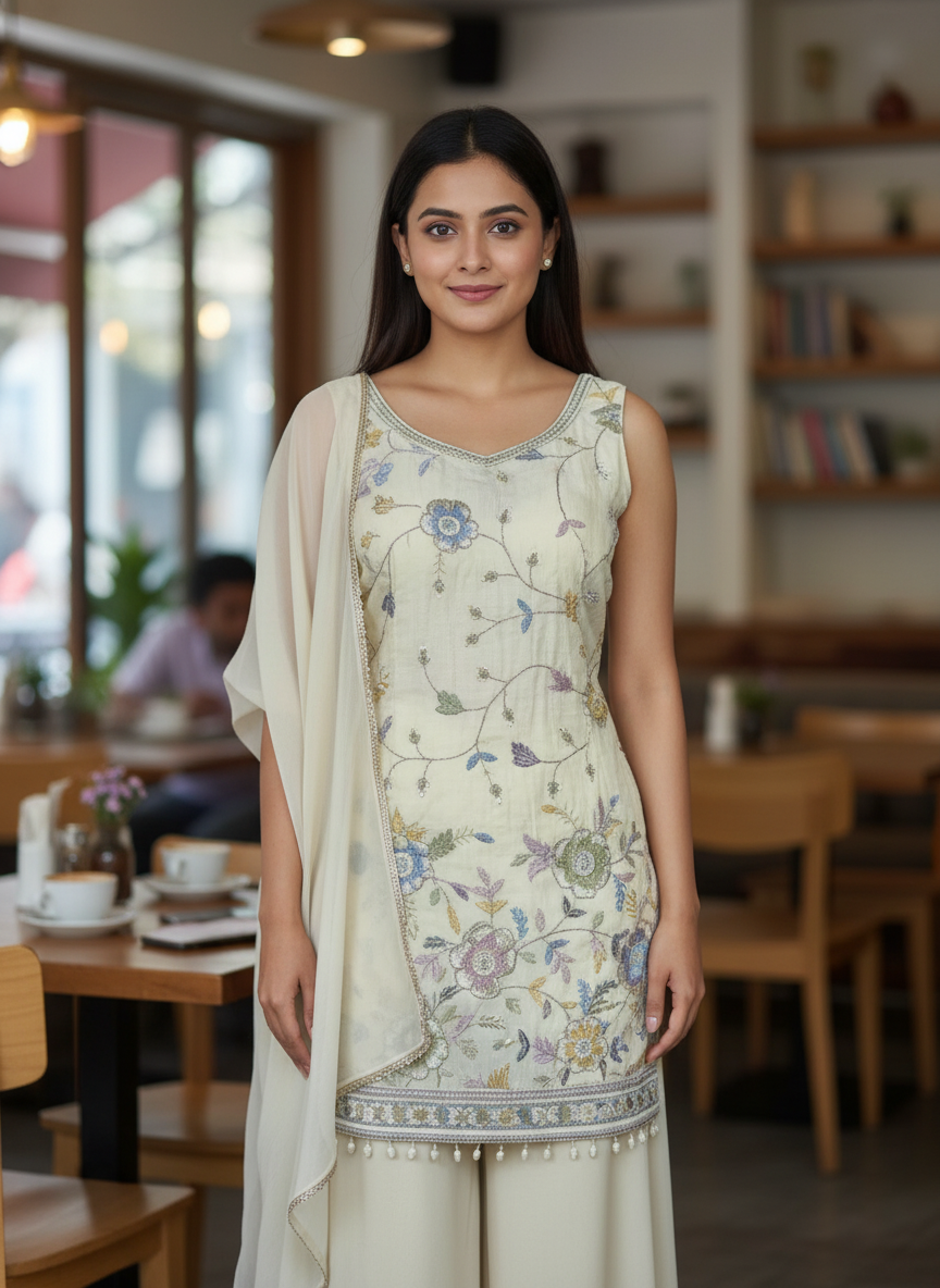 Cream  silk Palazzo Set With Dupatta| AS-00253