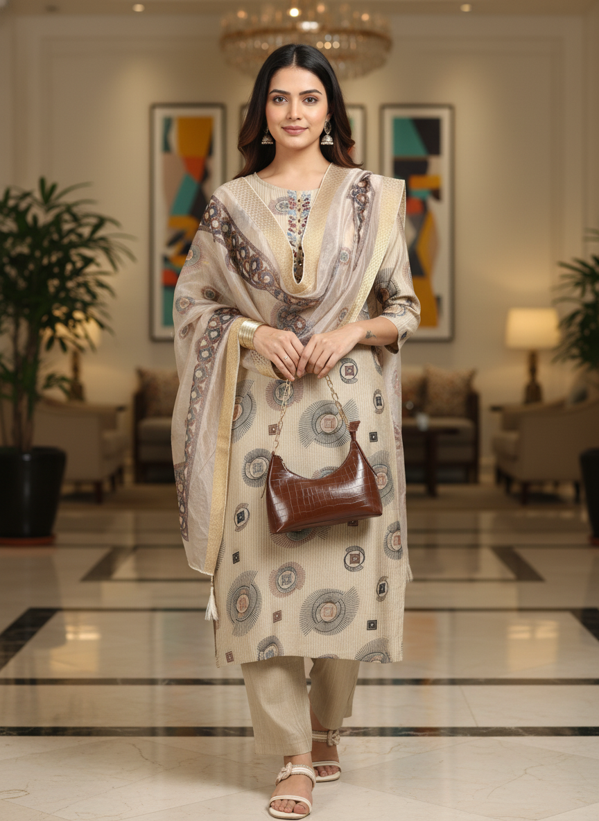 Beige Printed  Kurti Set For Women|  AS-00193