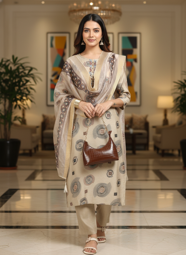 Beige Printed  Kurti Set For Women|  AS-00193