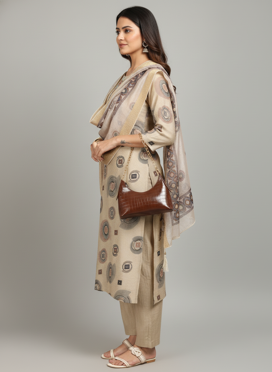 Beige Printed  Kurti Set For Women|  AS-00193