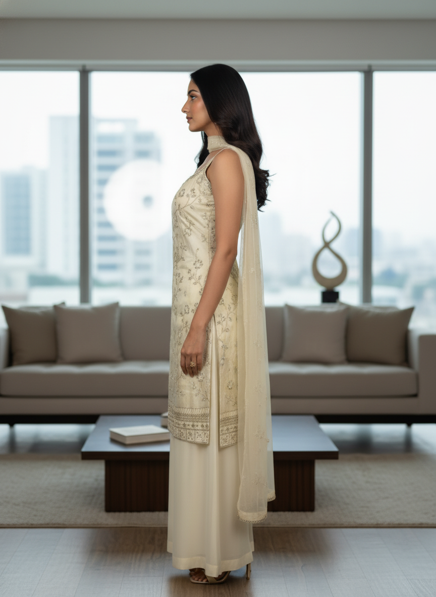 Cream  silk Palazzo Set With Dupatta| AS-00260