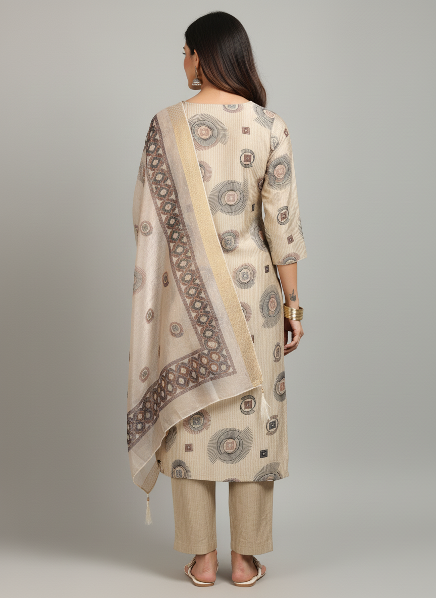 Beige Printed  Kurti Set For Women|  AS-00193