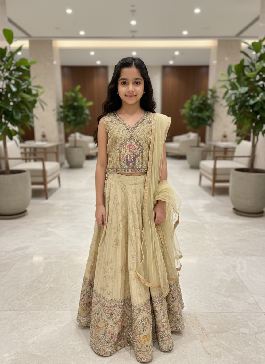 Cream Floral Embroidered Lehenga Choli Set for girls|AS-K9