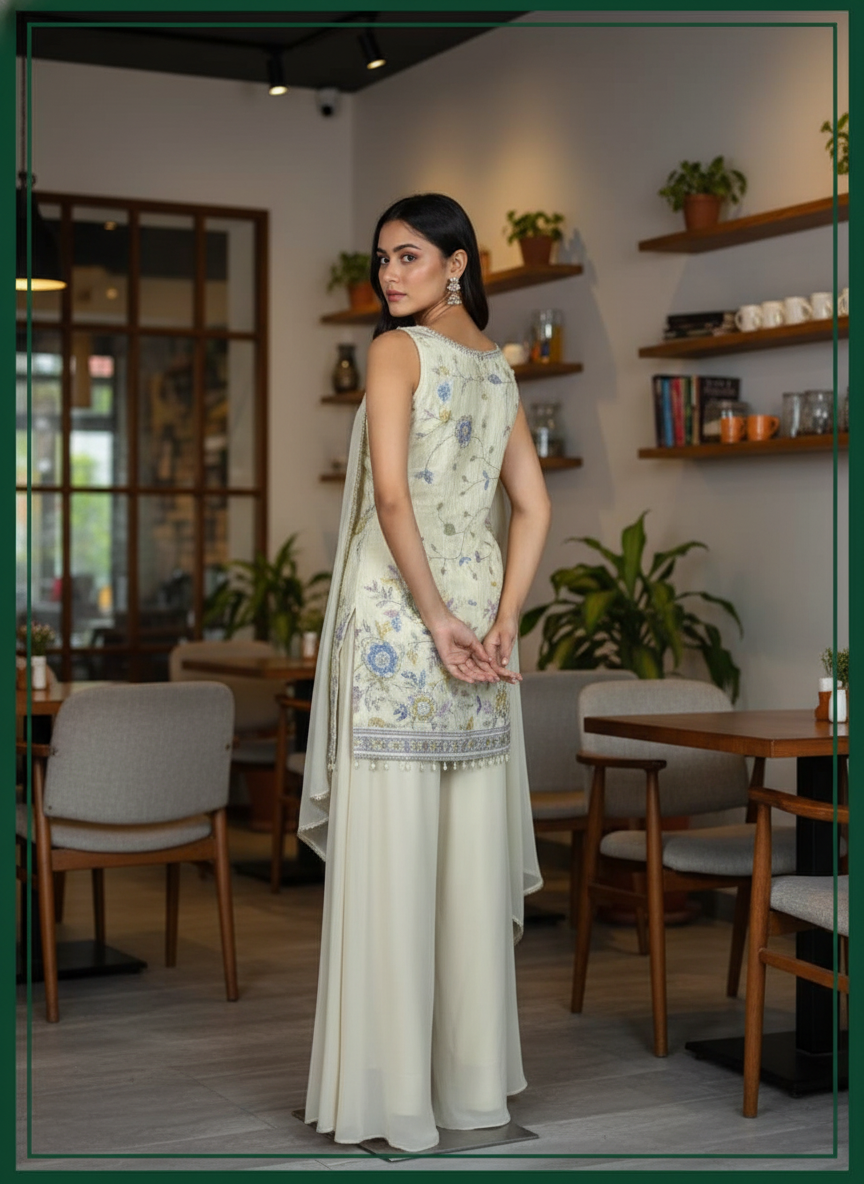 Cream  silk Palazzo Set With Dupatta| AS-00253