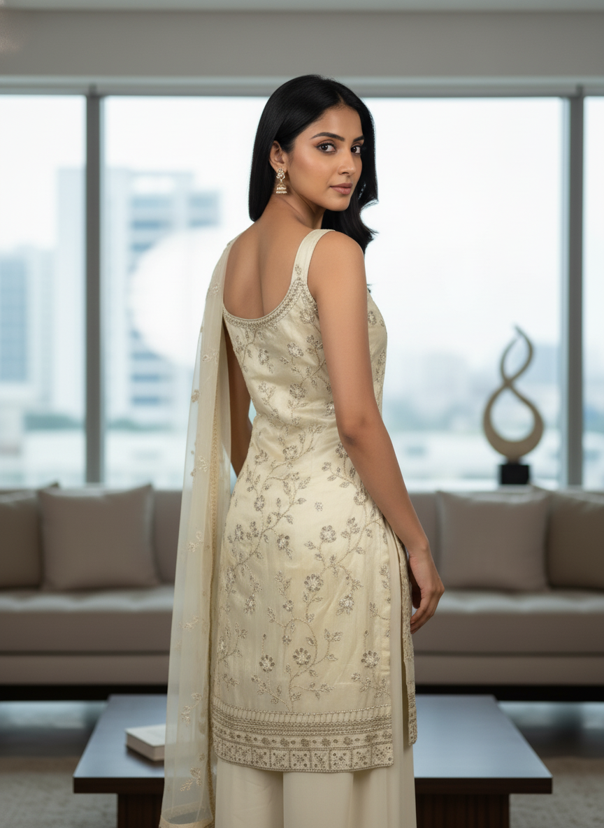 Cream  silk Palazzo Set With Dupatta| AS-00260