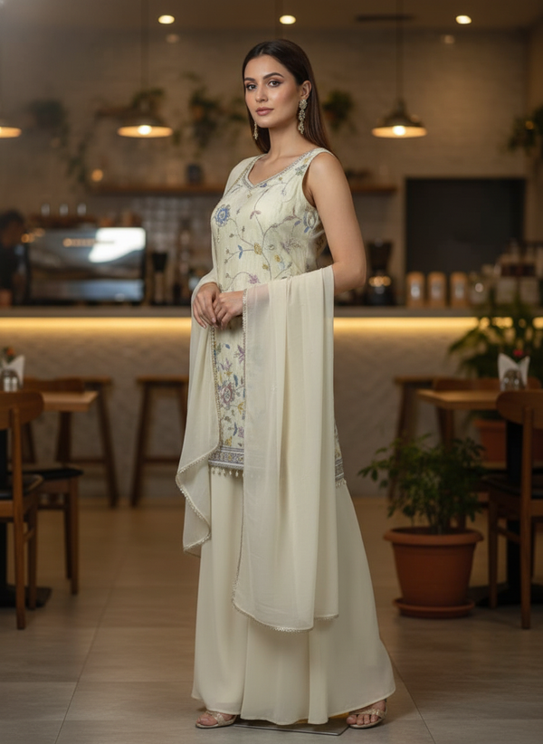 Cream  silk Palazzo Set With Dupatta| AS-00253