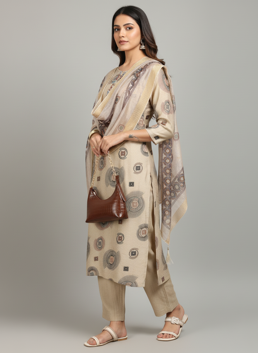 Beige Printed  Kurti Set For Women|  AS-00193