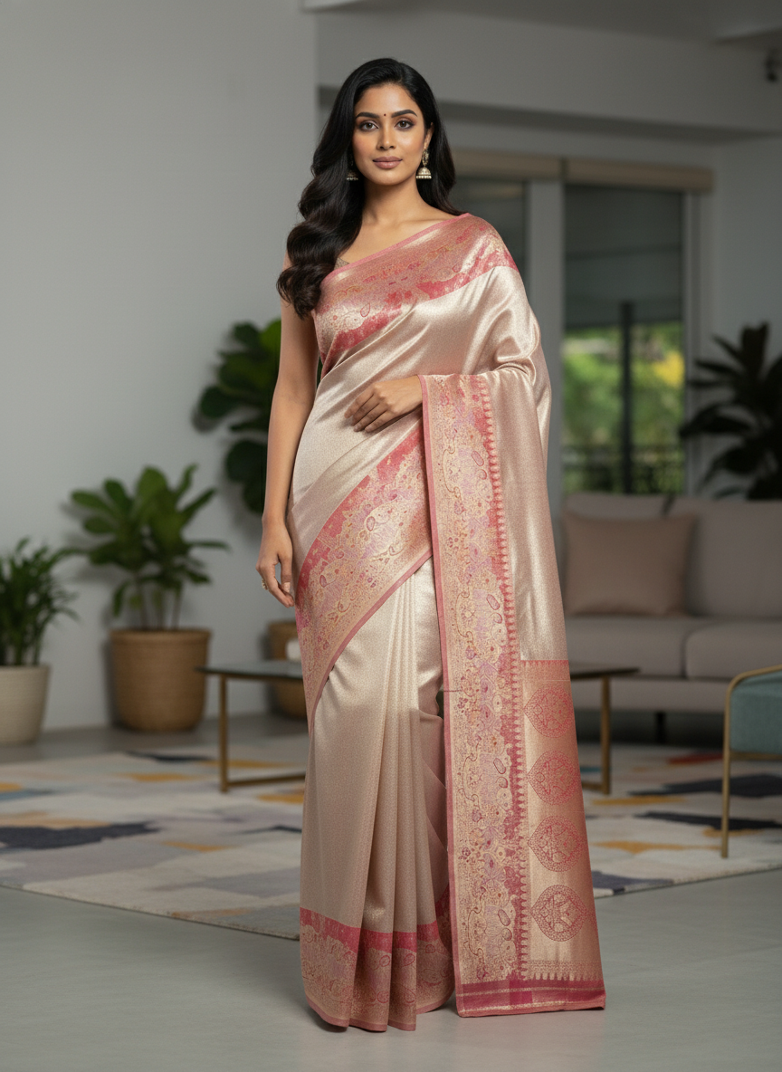 Beige  Kanchipuram Silk Saree With Butta Design| AS-00141