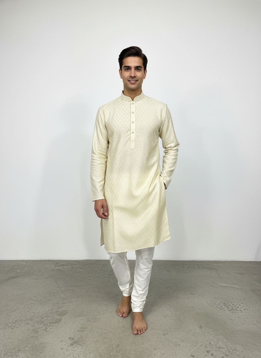 Golden Beige Floral Jaal Patterned Kurta Set| AS-M04