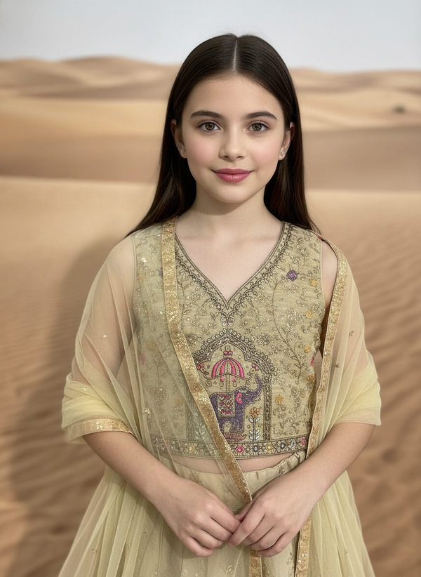 Cream Floral Embroidered Lehenga Choli Set for girls|AS-K9