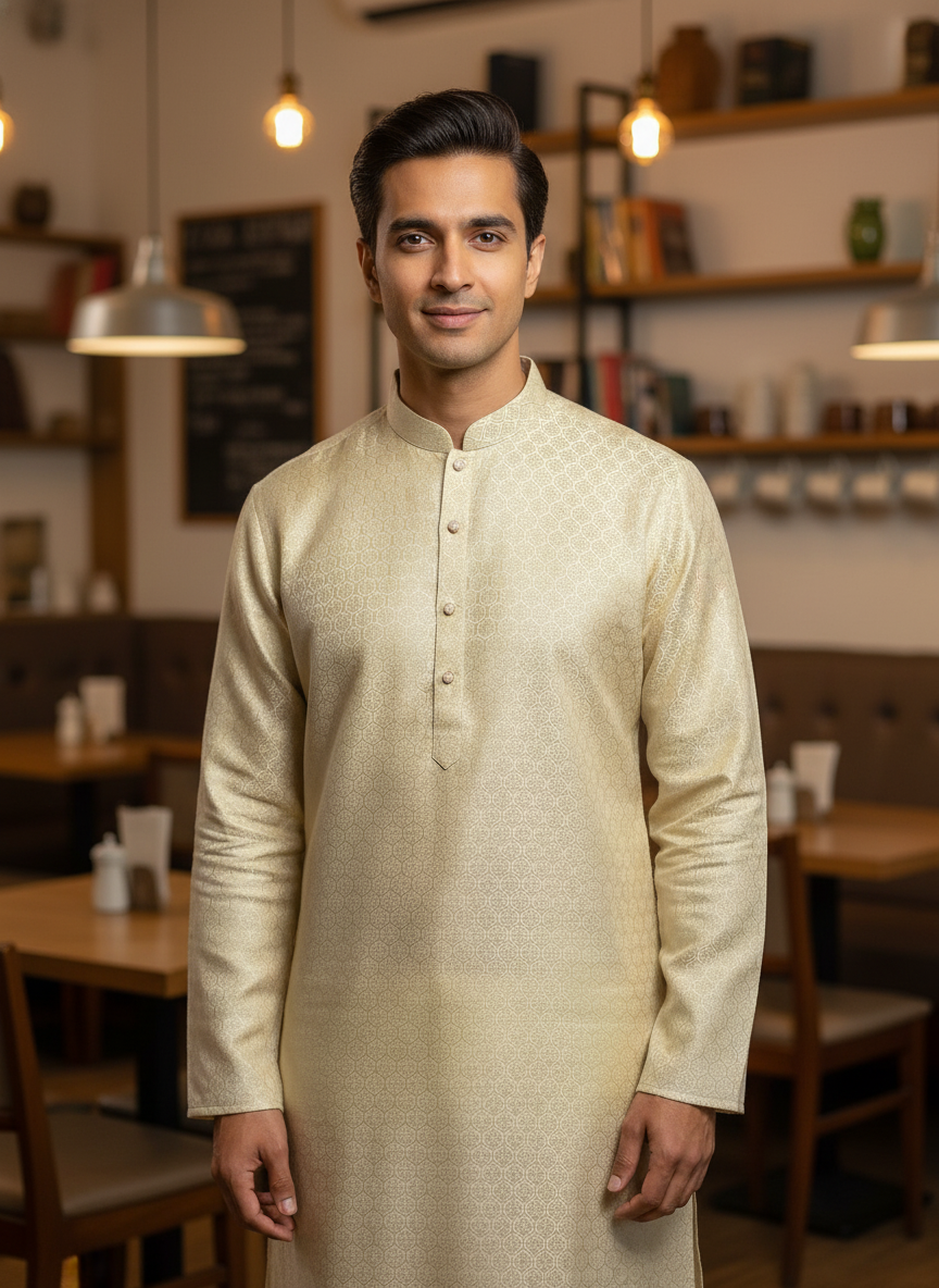 Golden Beige Floral Jaal Patterned Kurta Set| AS-M04