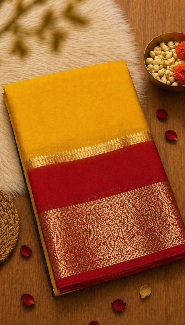 Yellow & Red Big Border Semi Mysore Silk Saree|S19_3