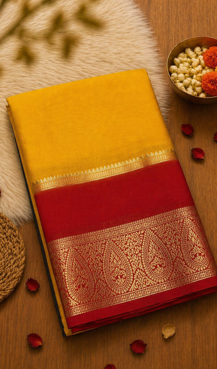 Yellow & Red Big Border Semi Mysore Silk Saree|S19_3