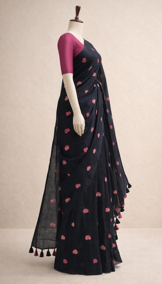 Black Pure  Mul Cotton Saree | Pink Floral Buti Embroidery |CS8_4