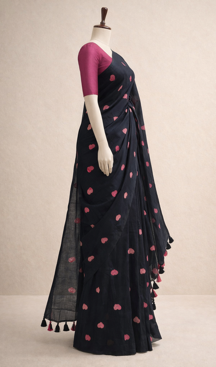 Black Pure  Mul Cotton Saree | Pink Floral Buti Embroidery |CS8_4