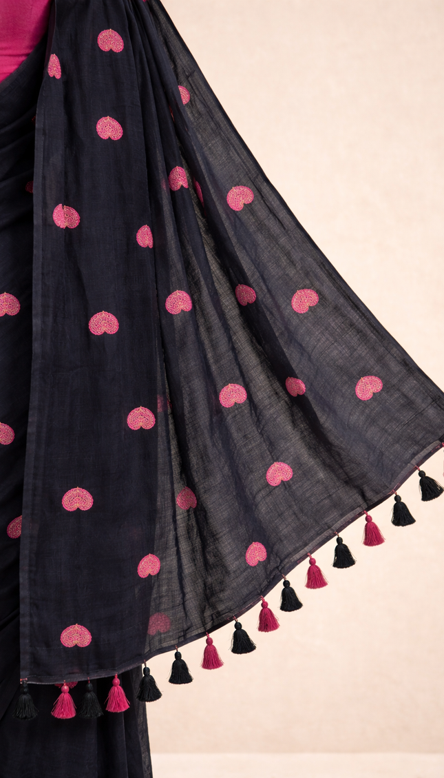 Black Pure  Mul Cotton Saree | Pink Floral Buti Embroidery |CS8_4