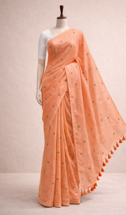 Peach Mul Cotton Saree With Gold Coin Buti Embroidery |CS8_3