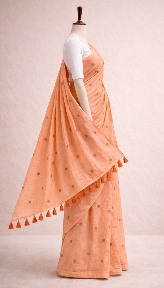 Peach Mul Cotton Saree With Gold Coin Buti Embroidery |CS8_3