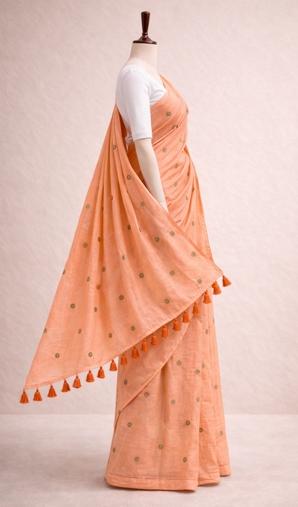 Peach Mul Cotton Saree With Gold Coin Buti Embroidery |CS8_3