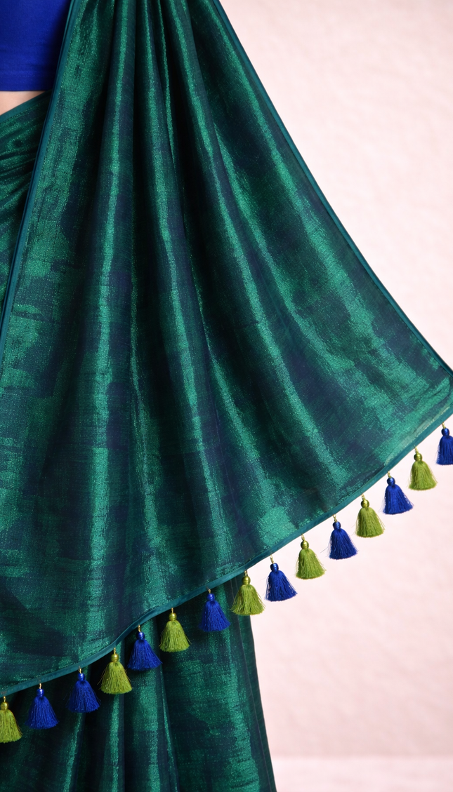 Teal Green Pure Mul Cotton Saree With Blue & Green Tassel Border |CS8_2