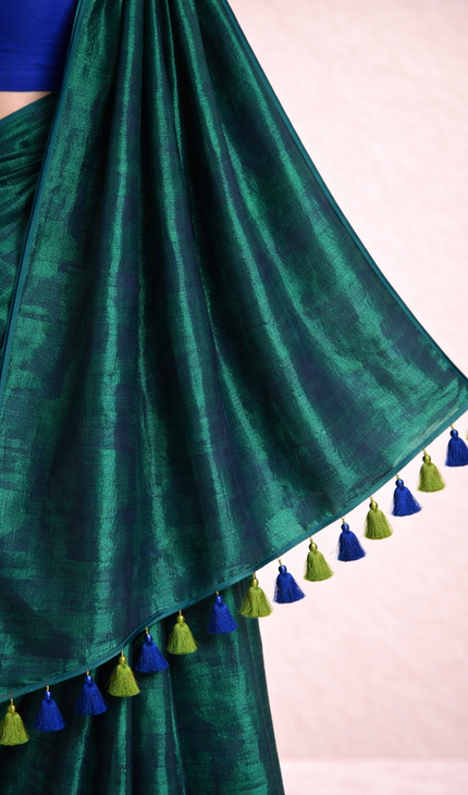 Teal Green Pure Mul Cotton Saree With Blue & Green Tassel Border |CS8_2