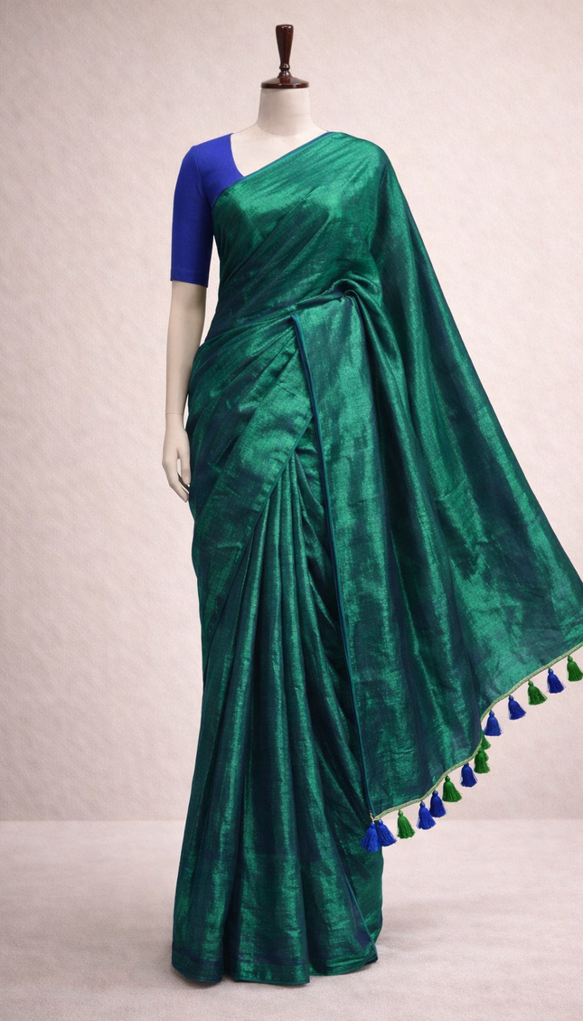 Teal Green Pure Mul Cotton Saree With Blue & Green Tassel Border |CS8_2