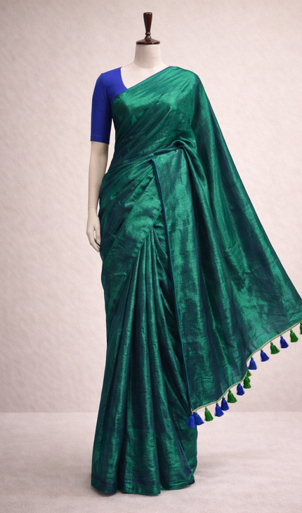 Teal Green Pure Mul Cotton Saree With Blue & Green Tassel Border |CS8_2
