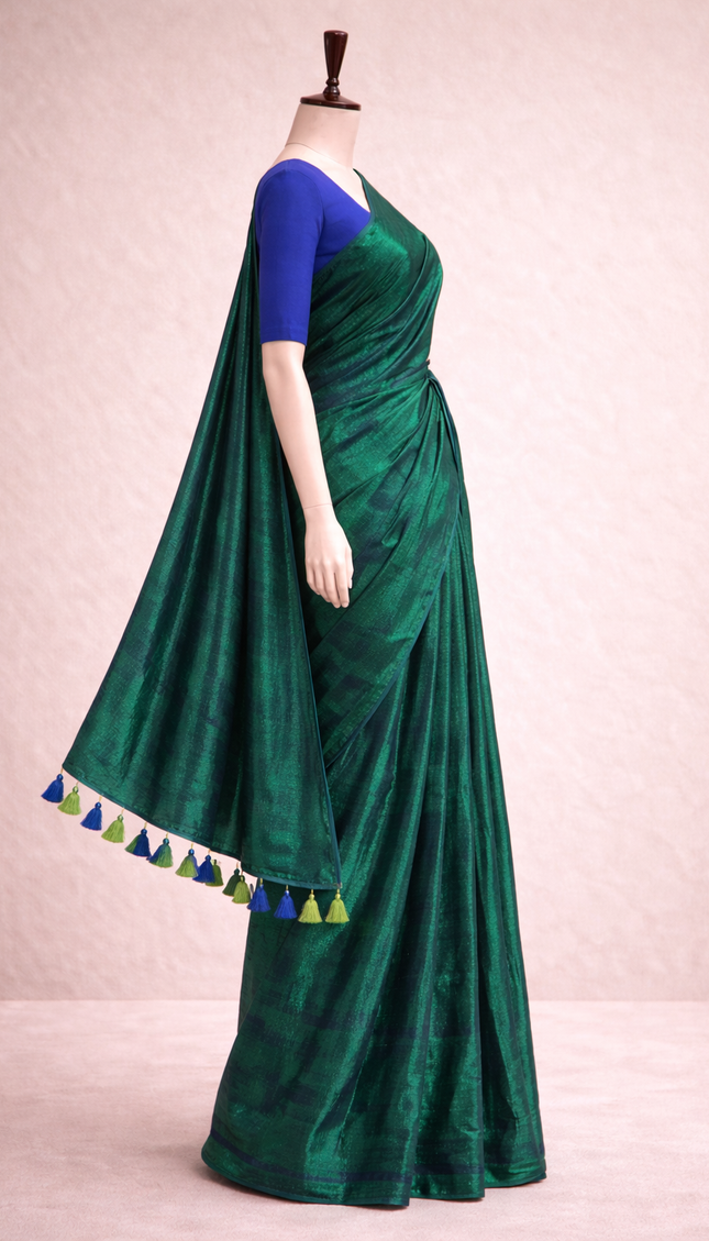 Teal Green Pure Mul Cotton Saree With Blue & Green Tassel Border |CS8_2
